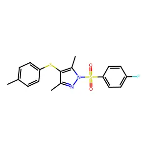 1-((4-fluorophenyl)sulfonyl)-3,5-dimethyl-4-(p-tolylthio)-1H-pyrazole structure