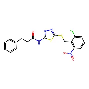 N-[5-[(2-chloro-6-nitrophenyl)methylsulfanyl]-1,3,4-thiadiazol-2-yl]-3-phenylpropanamide structure