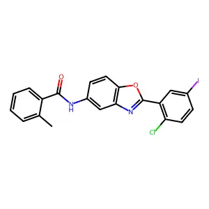 N-[2-(2-chloro-5-iodophenyl)-1,3-benzoxazol-5-yl]-2-methylbenzamide structure