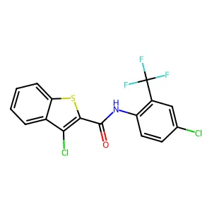 3-chloro-N-[4-chloro-2-(trifluoromethyl)phenyl]-1-benzothiophene-2-carboxamide structure