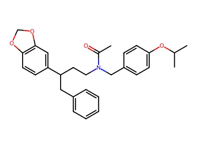 N-[3-(1,3-benzodioxol-5-yl)-4-phenylbutyl]-N-[(4-propan-2-yloxyphenyl)methyl]acetamide structure