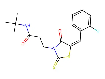 N-tert-butyl-3-[(5E)-5-[(2-fluorophenyl)methylidene]-4-oxo-2-sulfanylidene-1,3-thiazolidin-3-yl]propanamide structure