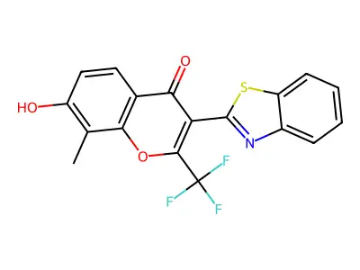 3-(benzo[d]thiazol-2-yl)-7-hydroxy-8-methyl-2-(trifluoromethyl)-4H-chromen-4-one structure