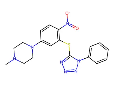 1-Methyl-4-[4-nitro-3-(1-phenyltetrazol-5-yl)sulfanylphenyl]piperazine structure