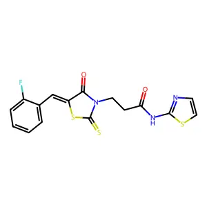 3-[(5E)-5-[(2-fluorophenyl)methylidene]-4-oxo-2-sulfanylidene-1,3-thiazolidin-3-yl]-N-(1,3-thiazol-2-yl)propanamide structure