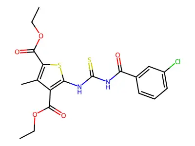 Diethyl 5-(3-(3-chlorobenzoyl)thioureido)-3-methylthiophene-2,4-dicarboxylate structure
