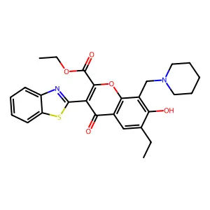 ethyl 3-(benzo[d]thiazol-2-yl)-6-ethyl-7-hydroxy-4-oxo-8-(piperidin-1-ylmethyl)-4H-chromene-2-carboxylate structure