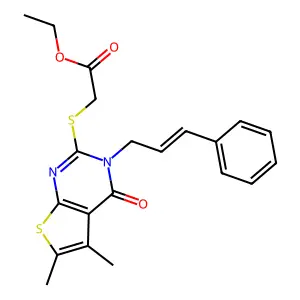 ethyl ({5,6-dimethyl-4-oxo-3-[(2E)-3-phenylprop-2-en-1-yl]-3,4-dihydrothieno[2,3-d]pyrimidin-2-yl}sulfanyl)acetate structure