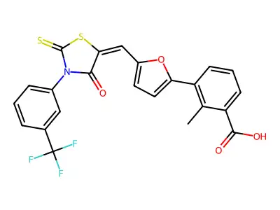 2-methyl-3-{5-[(E)-{4-oxo-2-thioxo-3-[3-(trifluoromethyl)phenyl]-1,3-thiazolidin-5-ylidene}methyl]furan-2-yl}benzoic acid structure
