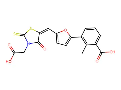 3-(5-{(E)-[3-(carboxymethyl)-4-oxo-2-thioxo-1,3-thiazolidin-5-ylidene]methyl}furan-2-yl)-2-methylbenzoic acid structure
