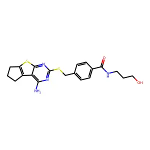 4-(((4-amino-6,7-dihydro-5H-cyclopenta[4,5]thieno[2,3-d]pyrimidin-2-yl)thio)methyl)-N-(3-hydroxypropyl)benzamide structure