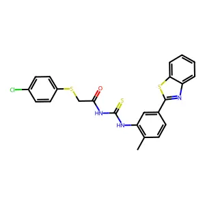 N-[[5-(1,3-benzothiazol-2-yl)-2-methylphenyl]carbamothioyl]-2-(4-chlorophenyl)sulfanylacetamide structure