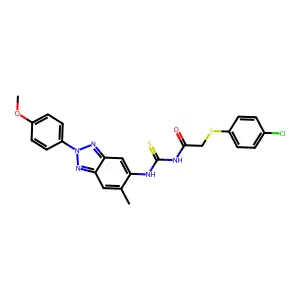 2-(4-chlorophenyl)sulfanyl-N-[[2-(4-methoxyphenyl)-6-methylbenzotriazol-5-yl]carbamothioyl]acetamide structure