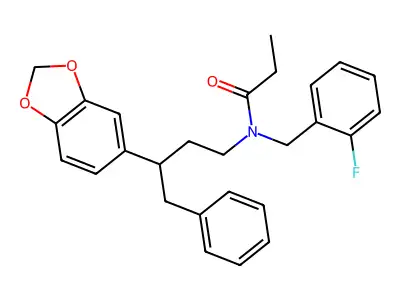N-[3-(1,3-benzodioxol-5-yl)-4-phenylbutyl]-N-(2-fluorobenzyl)propanamide structure