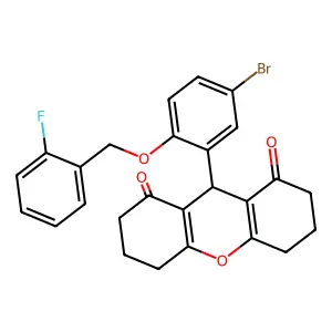 9-[5-bromo-2-[(2-fluorophenyl)methoxy]phenyl]-3,4,5,6,7,9-hexahydro-2H-xanthene-1,8-dione structure