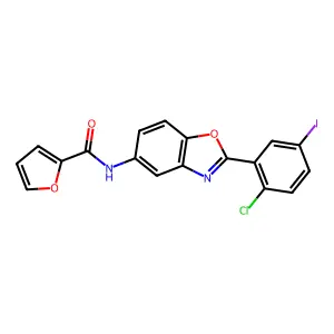 N-[2-(2-chloro-5-iodophenyl)-1,3-benzoxazol-5-yl]furan-2-carboxamide structure