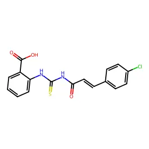 2-[[(E)-3-(4-chlorophenyl)prop-2-enoyl]carbamothioylamino]benzoic acid structure