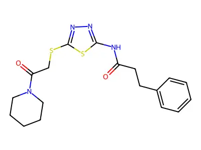 N-(5-((2-oxo-2-(piperidin-1-yl)ethyl)thio)-1,3,4-thiadiazol-2-yl)-3-phenylpropanamide structure