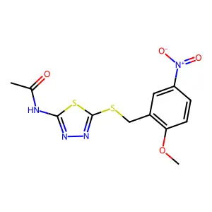 N-[5-[(2-methoxy-5-nitrophenyl)methylsulfanyl]-1,3,4-thiadiazol-2-yl]acetamide structure
