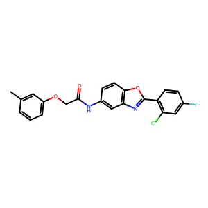 N-[2-(2-chloro-4-fluorophenyl)-1,3-benzoxazol-5-yl]-2-(3-methylphenoxy)acetamide structure