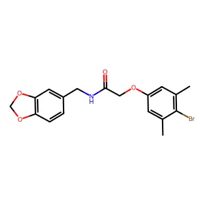 N-(1,3-benzodioxol-5-ylmethyl)-2-(4-bromo-3,5-dimethylphenoxy)acetamide structure
