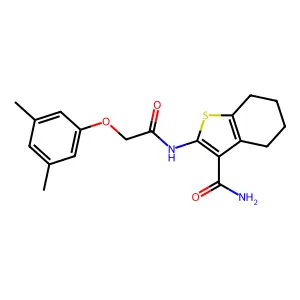 2-[[2-(3,5-dimethylphenoxy)acetyl]amino]-4,5,6,7-tetrahydro-1-benzothiophene-3-carboxamide structure
