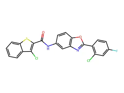 3-chloro-N-[2-(2-chloro-4-fluorophenyl)-1,3-benzoxazol-5-yl]-1-benzothiophene-2-carboxamide structure