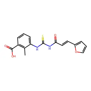 3-({[(2E)-3-(furan-2-yl)prop-2-enoyl]carbamothioyl}amino)-2-methylbenzoic acid structure