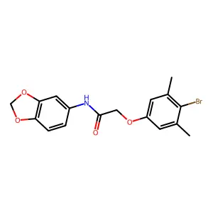 N-(1,3-benzodioxol-5-yl)-2-(4-bromo-3,5-dimethylphenoxy)acetamide structure