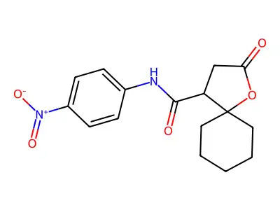 N-(4-nitrophenyl)-2-oxo-1-oxaspiro[4.5]decane-4-carboxamide structure