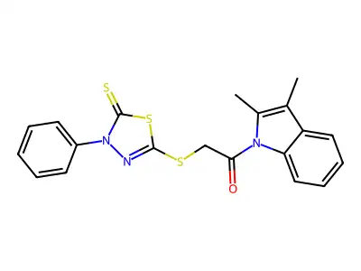 5-{[2-(2,3-dimethyl-1H-indol-1-yl)-2-oxoethyl]thio}-3-phenyl-1,3,4-thiadiazole-2(3H)-thione structure
