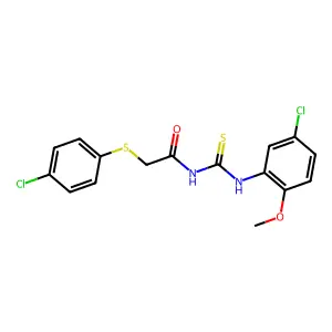 N-[(5-chloro-2-methoxyphenyl)carbamothioyl]-2-(4-chlorophenyl)sulfanylacetamide structure