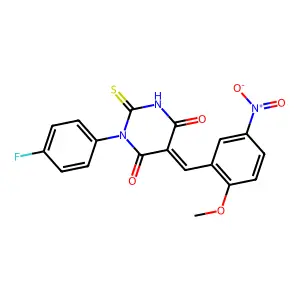 (5E)-1-(4-fluorophenyl)-5-(2-methoxy-5-nitrobenzylidene)-2-thioxodihydropyrimidine-4,6(1H,5H)-dione structure