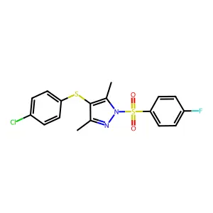 4-((4-chlorophenyl)thio)-1-((4-fluorophenyl)sulfonyl)-3,5-dimethyl-1H-pyrazole structure