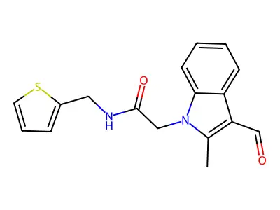 2-(3-formyl-2-methyl-1H-indol-1-yl)-N-(2-thienylmethyl)acetamide structure