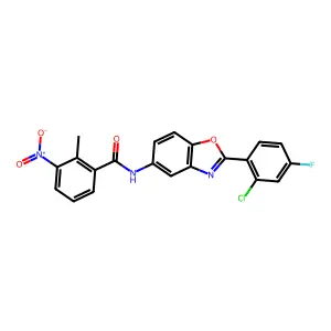 N-[2-(2-chloro-4-fluorophenyl)-1,3-benzoxazol-5-yl]-2-methyl-3-nitrobenzamide structure
