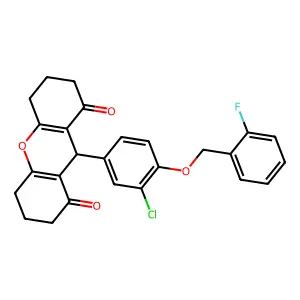 9-[3-chloro-4-[(2-fluorophenyl)methoxy]phenyl]-3,4,5,6,7,9-hexahydro-2H-xanthene-1,8-dione structure