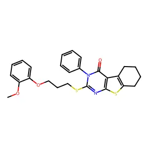 2-[3-(2-methoxyphenoxy)propylsulfanyl]-3-phenyl-5,6,7,8-tetrahydro-[1]benzothiolo[2,3-d]pyrimidin-4-one structure
