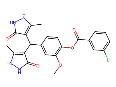 [4-[bis(3-methyl-5-oxo-1,2-dihydropyrazol-4-yl)methyl]-2-methoxyphenyl] 3-chlorobenzoate structure