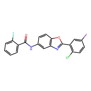 N-[2-(2-chloro-5-iodophenyl)-1,3-benzoxazol-5-yl]-2-fluorobenzamide structure