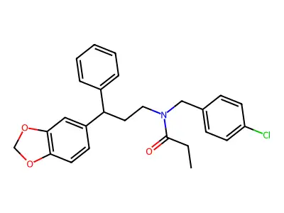 N-[3-(1,3-benzodioxol-5-yl)-3-phenylpropyl]-N-[(4-chlorophenyl)methyl]propanamide structure