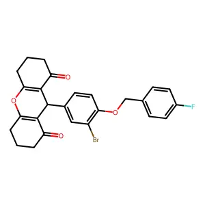 9-[3-bromo-4-[(4-fluorophenyl)methoxy]phenyl]-3,4,5,6,7,9-hexahydro-2H-xanthene-1,8-dione structure