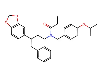 N-[3-(1,3-benzodioxol-5-yl)-4-phenylbutyl]-N-[(4-propan-2-yloxyphenyl)methyl]propanamide structure