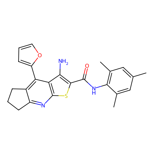 3-amino-4-(2-furyl)-N-mesityl-6,7-dihydro-5H-cyclopenta[b]thieno[3,2-e]pyridine-2-carboxamide structure