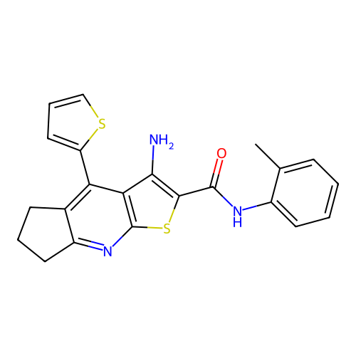 3-amino-4-(thiophen-2-yl)-N-(o-tolyl)-6,7-dihydro-5H-cyclopenta[b]thieno[3,2-e]pyridine-2-carboxamide structure