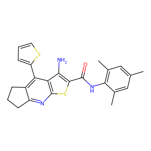 3-amino-4-(thiophen-2-yl)-N-(2,4,6-trimethylphenyl)-6,7-dihydro-5H-cyclopenta[b]thieno[3,2-e]pyridine-2-carboxamide structure