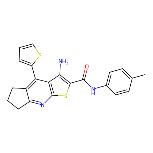 3-amino-4-(thiophen-2-yl)-N-(p-tolyl)-6,7-dihydro-5H-cyclopenta[b]thieno[3,2-e]pyridine-2-carboxamide structure