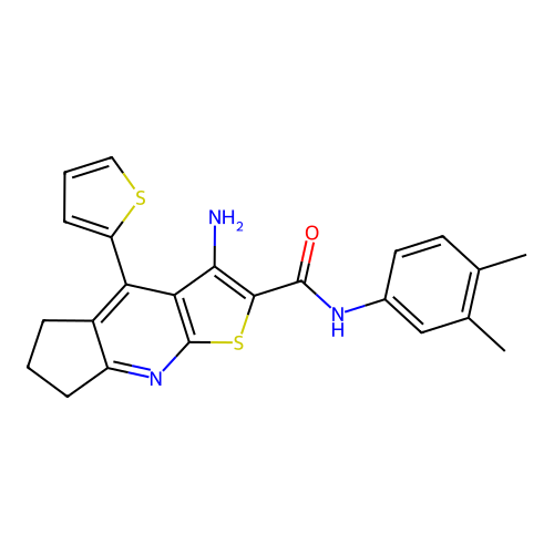 3-amino-N-(3,4-dimethylphenyl)-4-(thiophen-2-yl)-6,7-dihydro-5H-cyclopenta[b]thieno[3,2-e]pyridine-2-carboxamide structure
