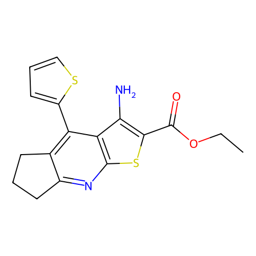 ethyl 3-amino-4-(thiophen-2-yl)-6,7-dihydro-5H-cyclopenta[b]thieno[3,2-e]pyridine-2-carboxylate structure