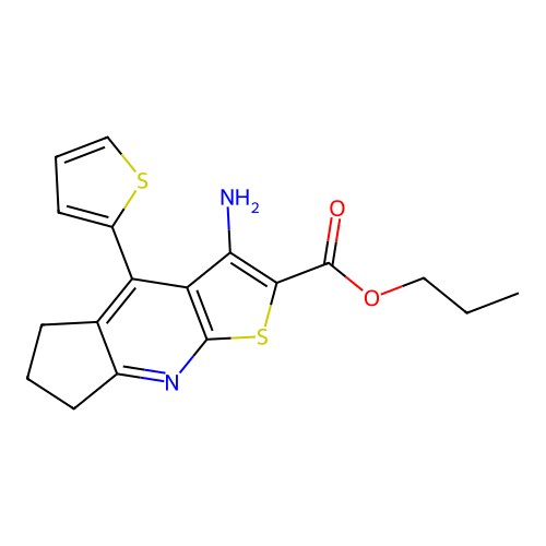 propyl 3-amino-4-(thiophen-2-yl)-6,7-dihydro-5H-cyclopenta[b]thieno[3,2-e]pyridine-2-carboxylate structure